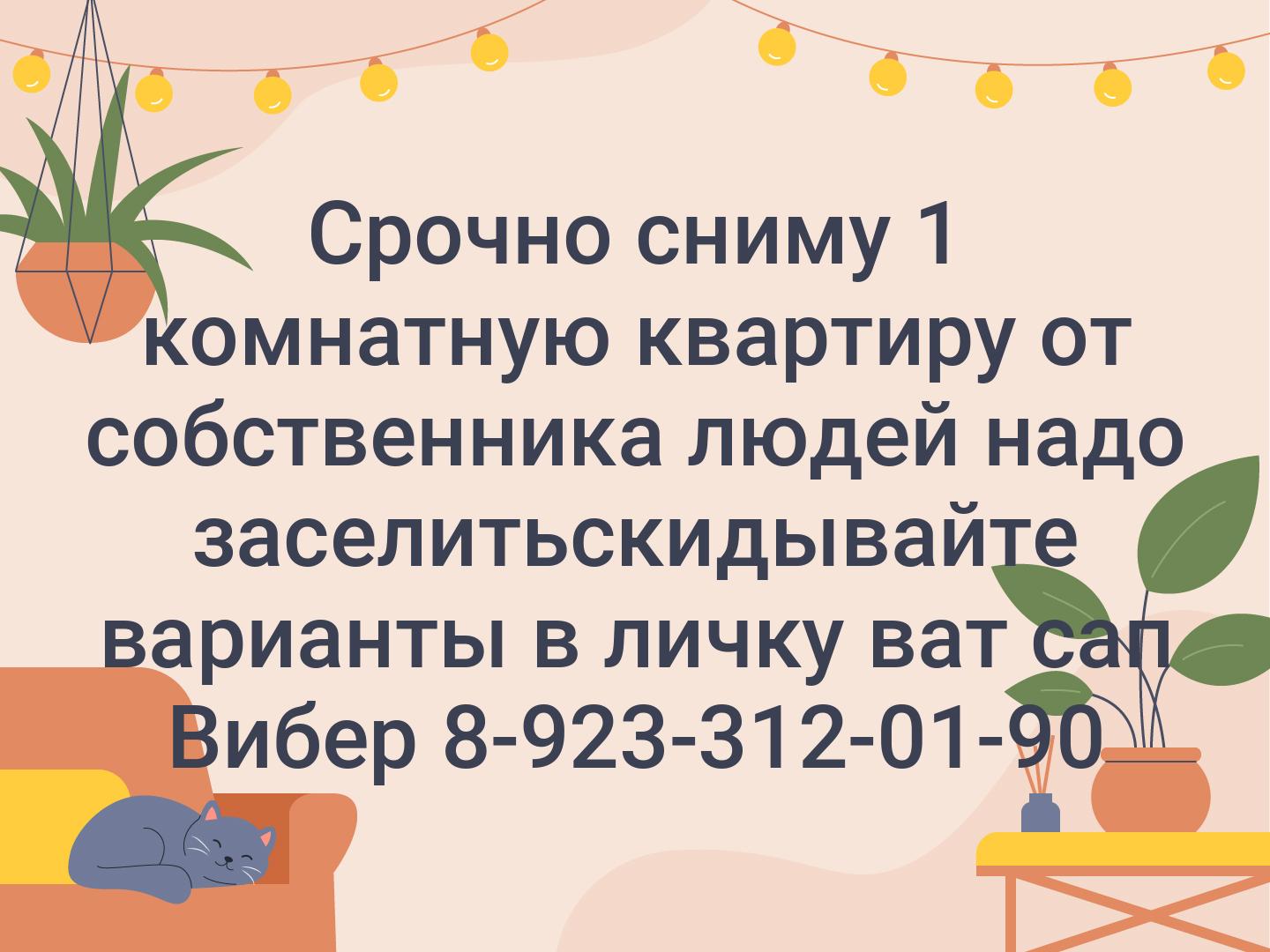 Срочно сниму 1 комнатную квартиру от собственника людей надо заселить😌🙏скидывайте варианты в личку ват сап Вибер 👆8-923-312-01-90