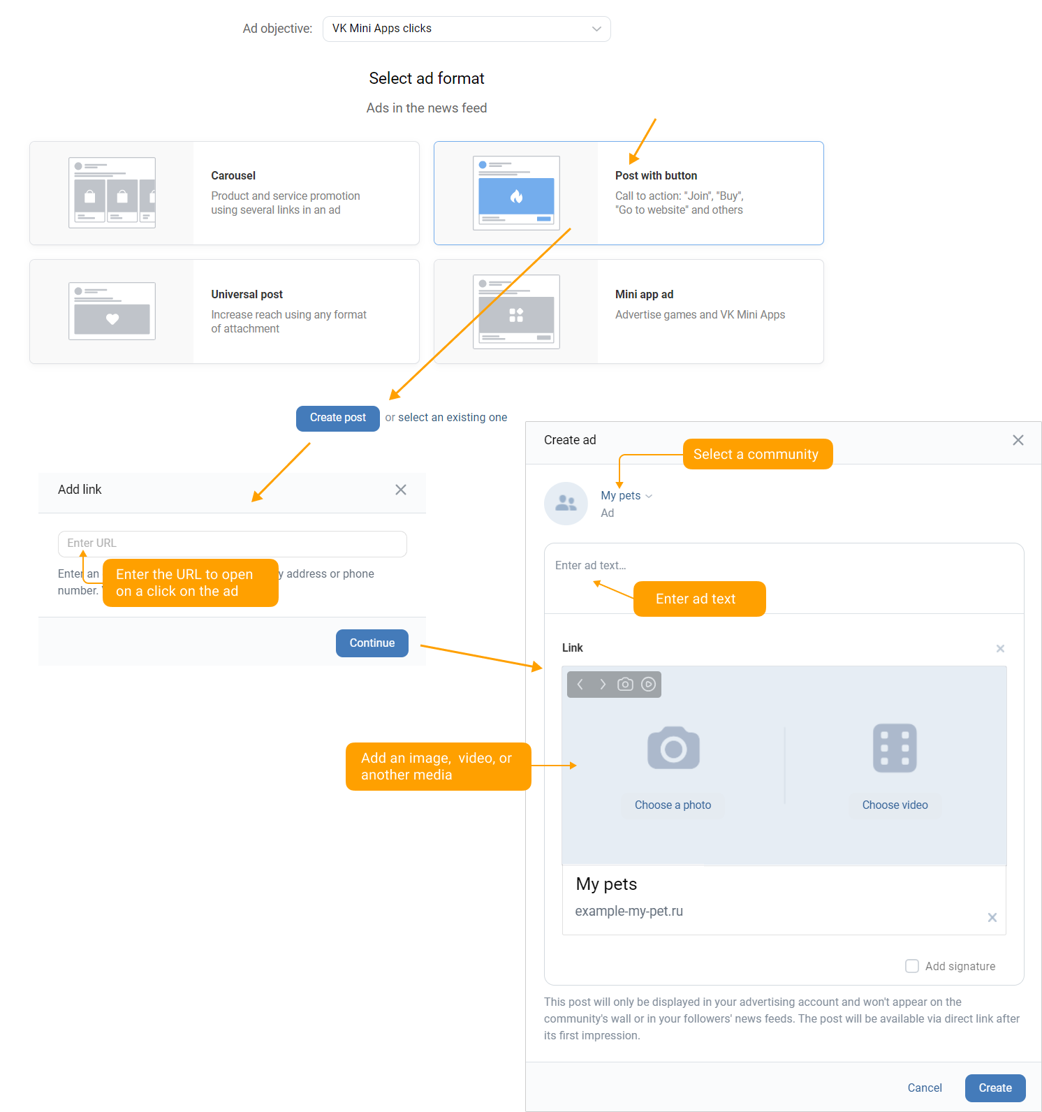 Example of creating a "Post with button" ad